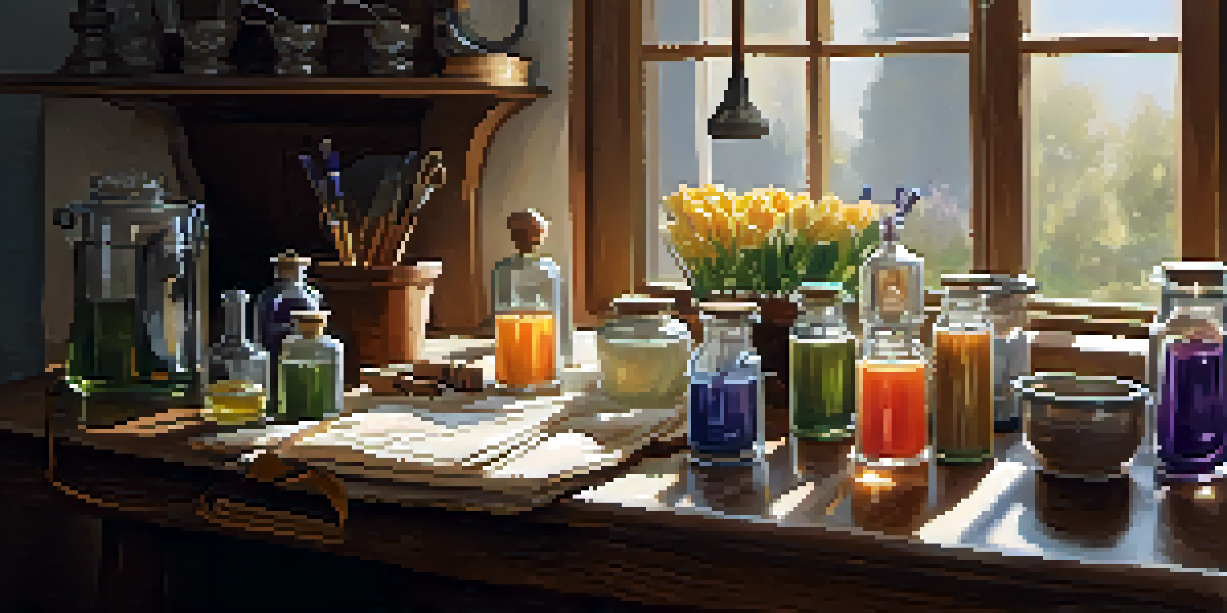 A candle-making workspace with organized tools and warm lighting, showcasing a cozy atmosphere.