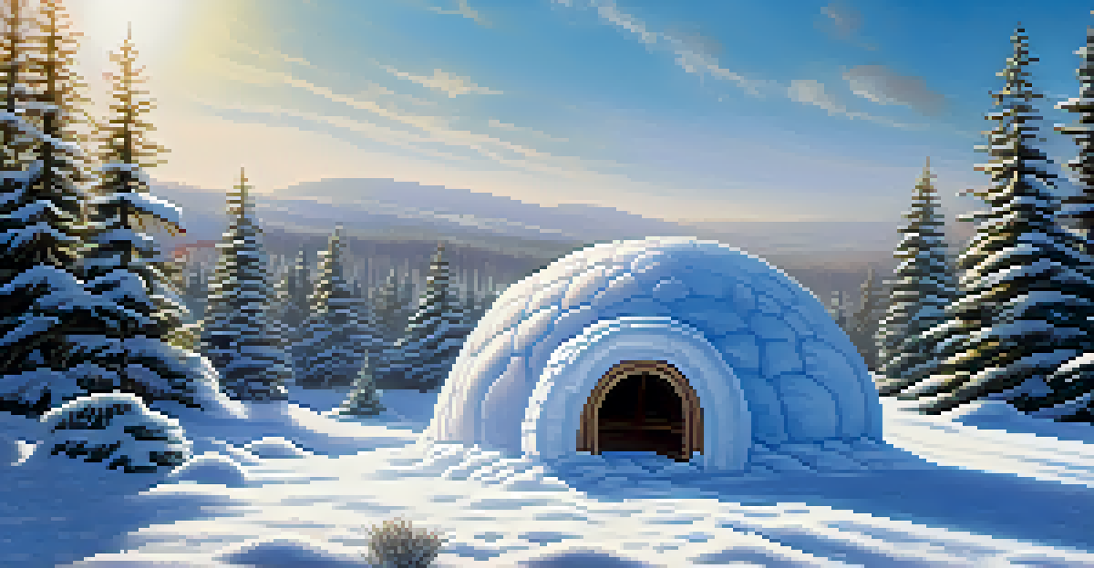 A snowy landscape with an igloo surrounded by fresh snow, a soft blue sky, and pine branches scattered around.