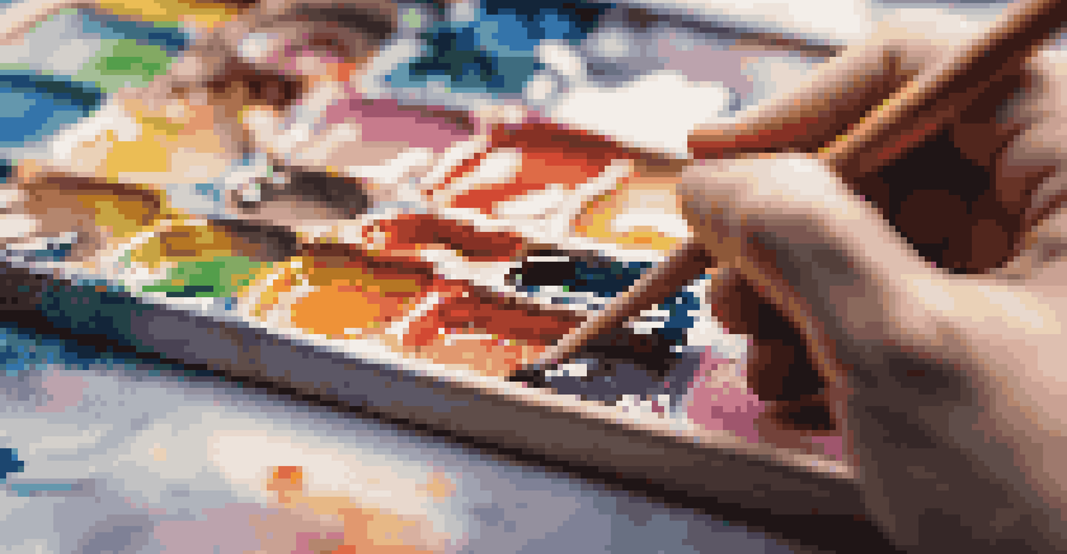 A close-up of an artist's hand holding a paintbrush over a colorful canvas with abstract patterns.