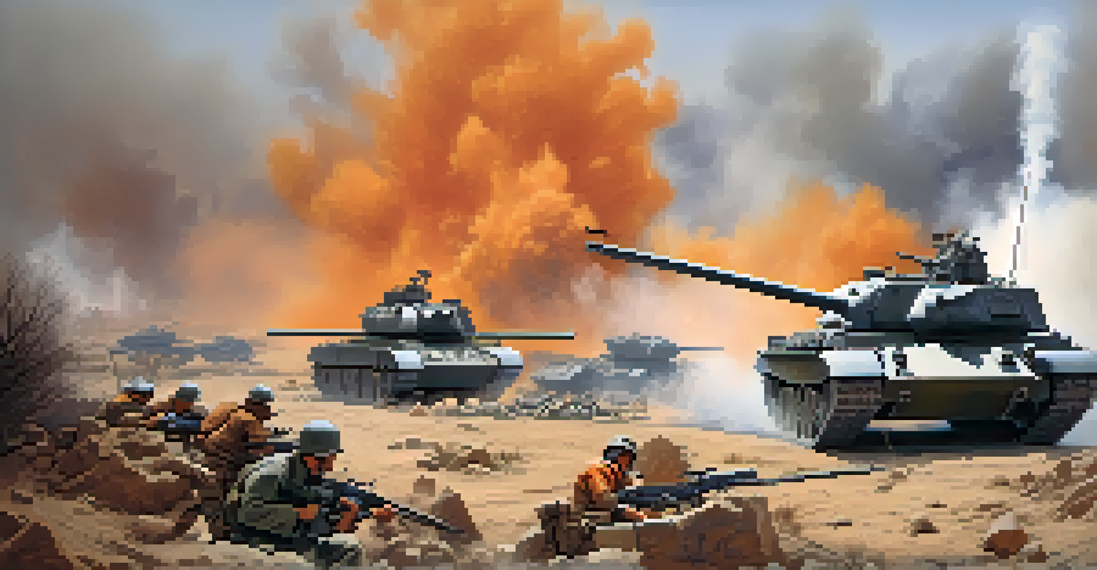 A dramatic battlefield scene in miniature, with tanks, soldiers, and smoke in the background.