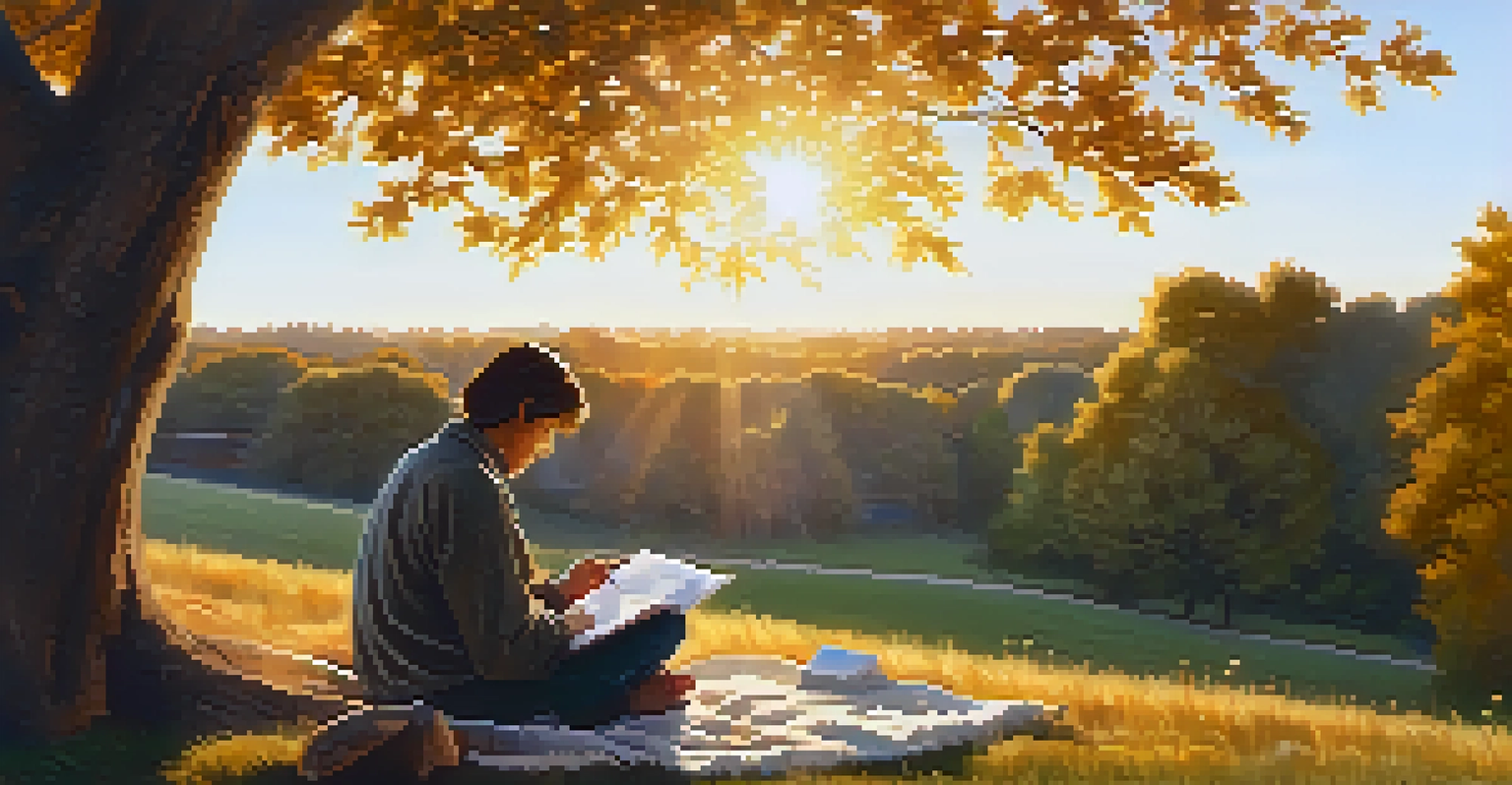 A person writing a letter under a tree on a blanket, with a sunset in the background, creating a peaceful atmosphere.