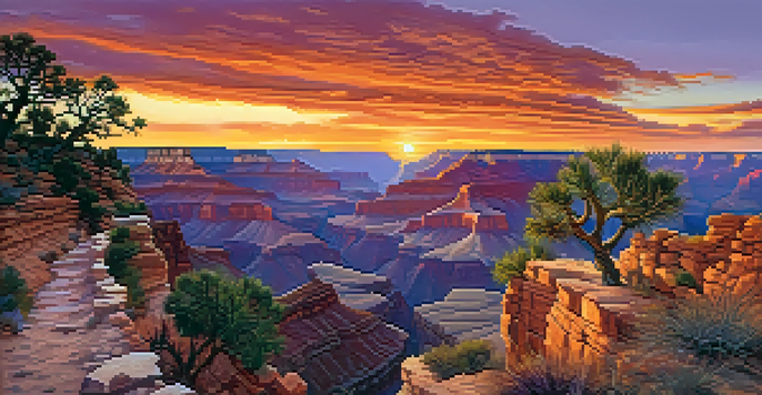 A stunning sunset view over the Grand Canyon, with vibrant colors and silhouetted hikers on a winding trail.