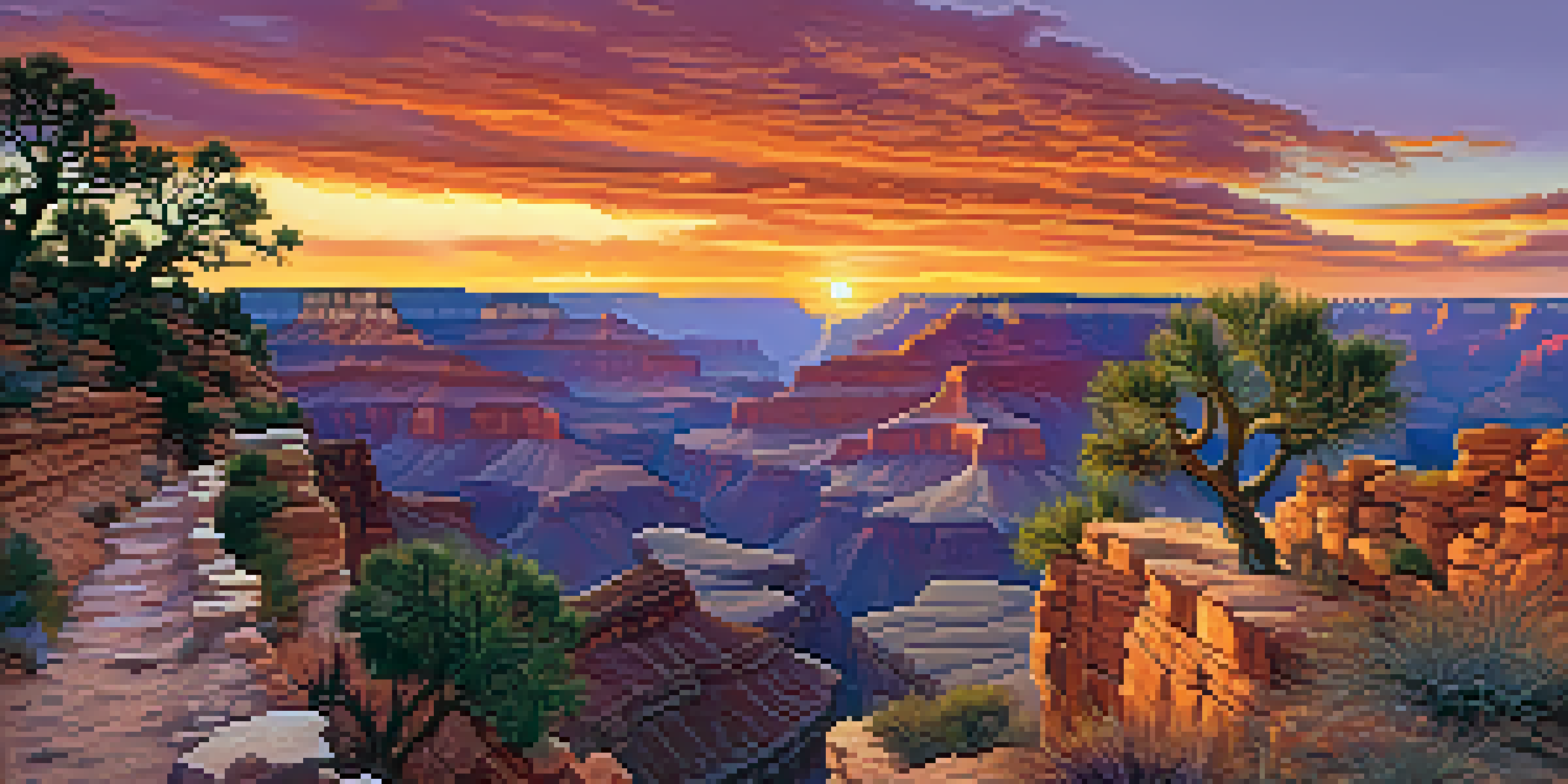 A stunning sunset view over the Grand Canyon, with vibrant colors and silhouetted hikers on a winding trail.