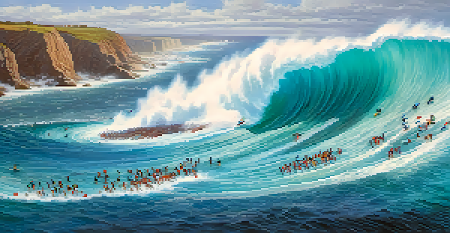 An aerial view of surfers competing on massive waves near rocky cliffs, with spectators watching from the shore.
