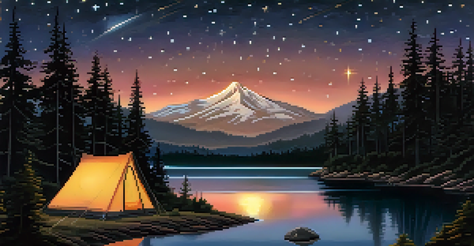 A peaceful campsite at night with a glowing tent and a starry sky, including silhouettes of trees and a shimmering river.