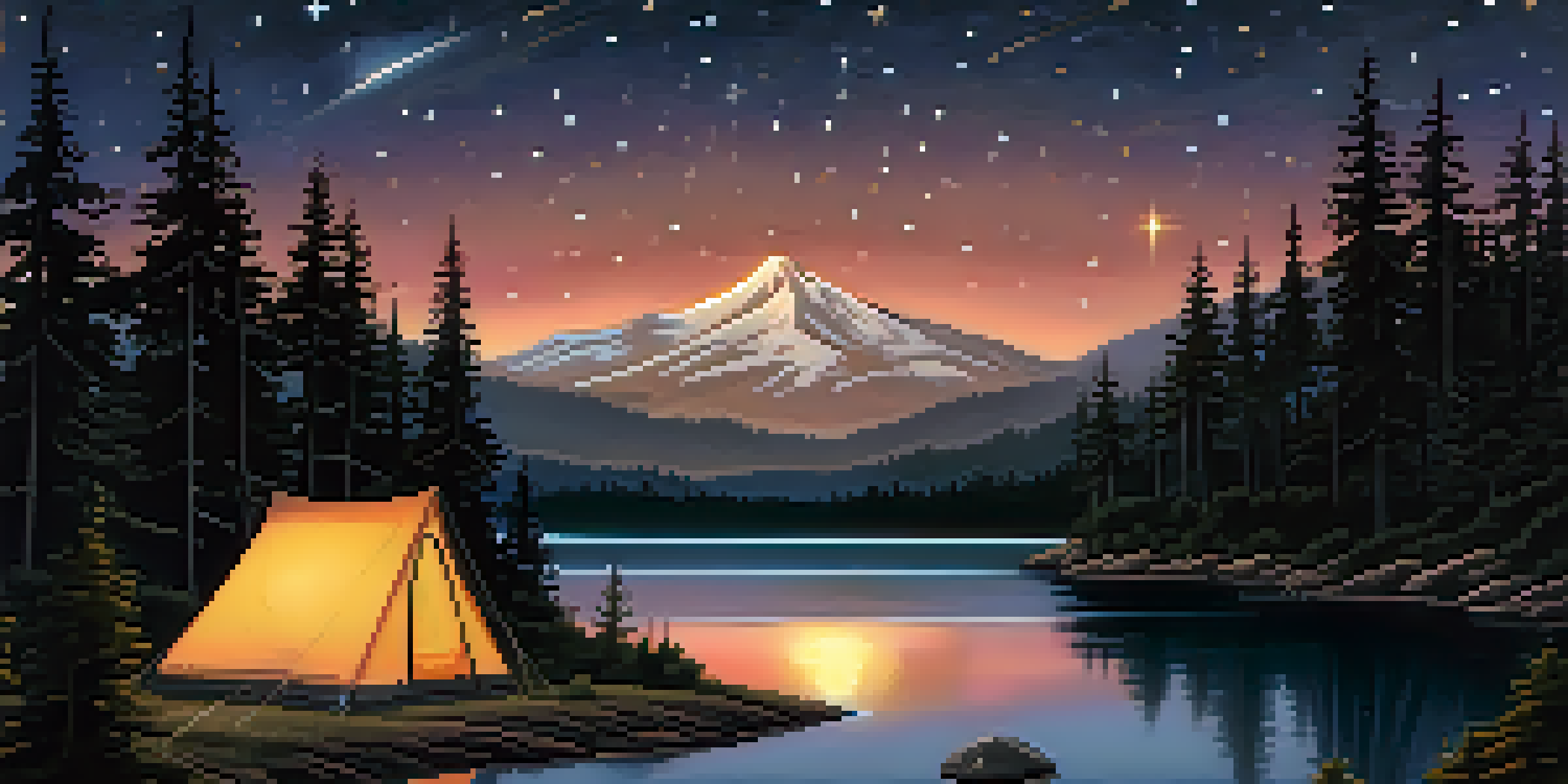 A peaceful campsite at night with a glowing tent and a starry sky, including silhouettes of trees and a shimmering river.
