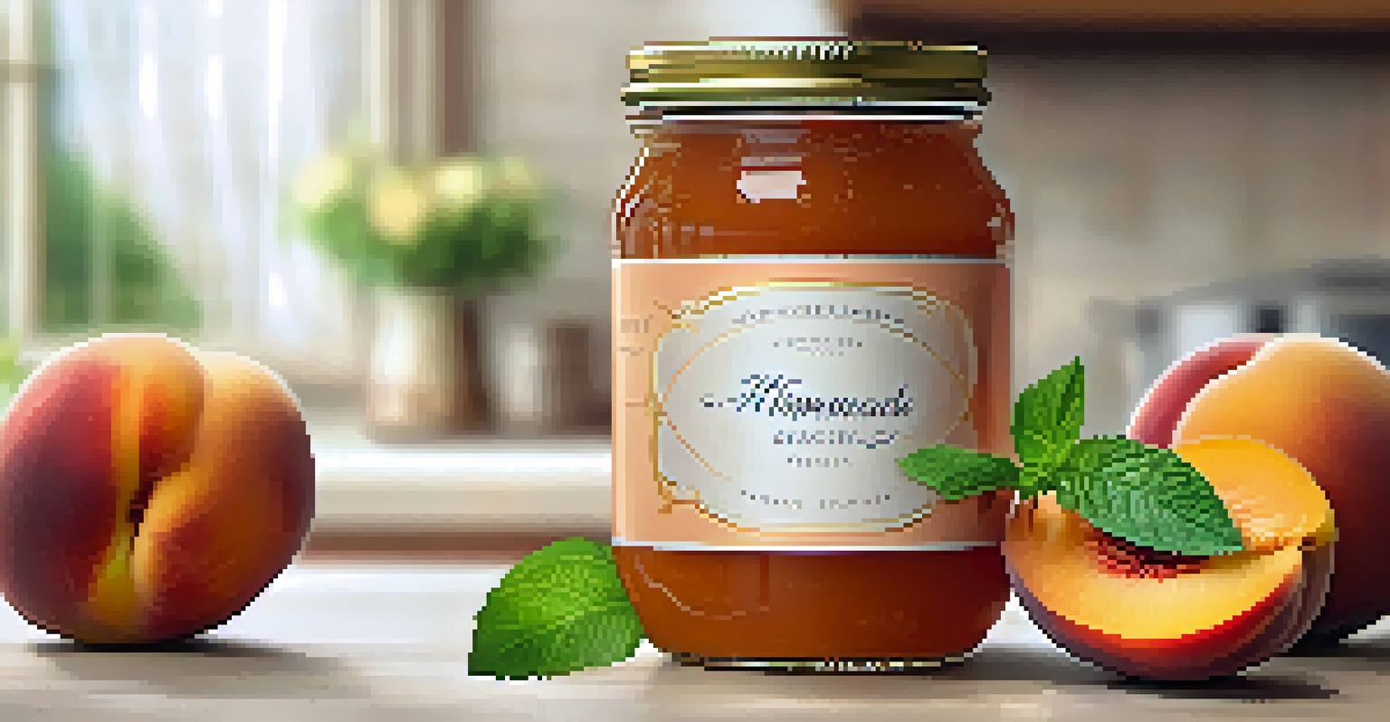 A close-up of a jar of homemade peach preserves, surrounded by fresh peaches and mint, with a cozy kitchen background.