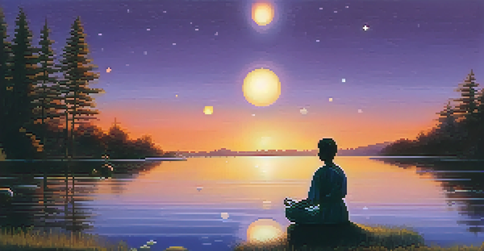 A person meditating by a calm lake at twilight, surrounded by glowing orbs of light and vibrant colors in the sky.