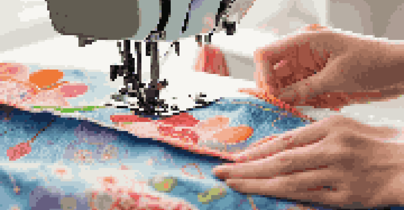 Close-up of hands sewing a reusable bag with colorful fabric and a sewing machine in the background.