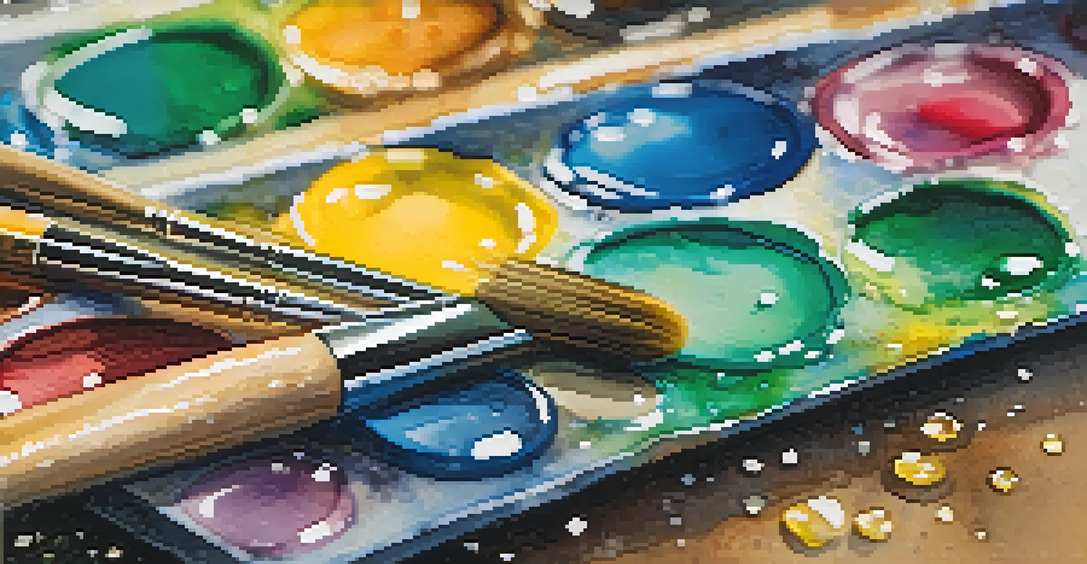 A close-up of a watercolor palette filled with bright colors and brushes, creating an artistic vibe.
