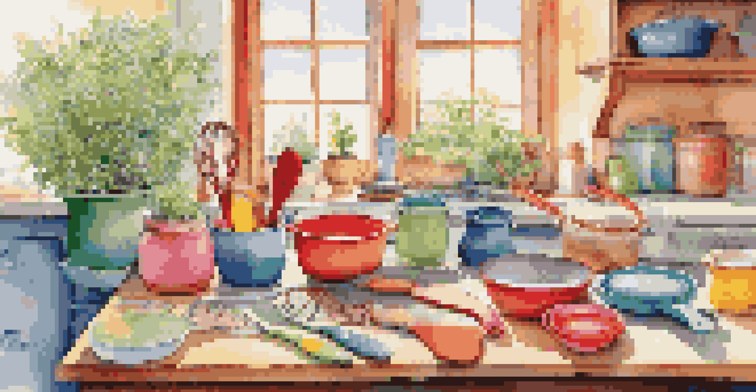 Colorful silicone kitchen utensils displayed on a cheerful kitchen table, with a sunny window and potted herbs in the background.