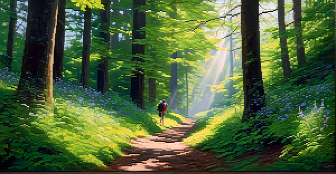 A peaceful hiking trail in a green forest with sunlight shining through the trees and a hiker in the distance.