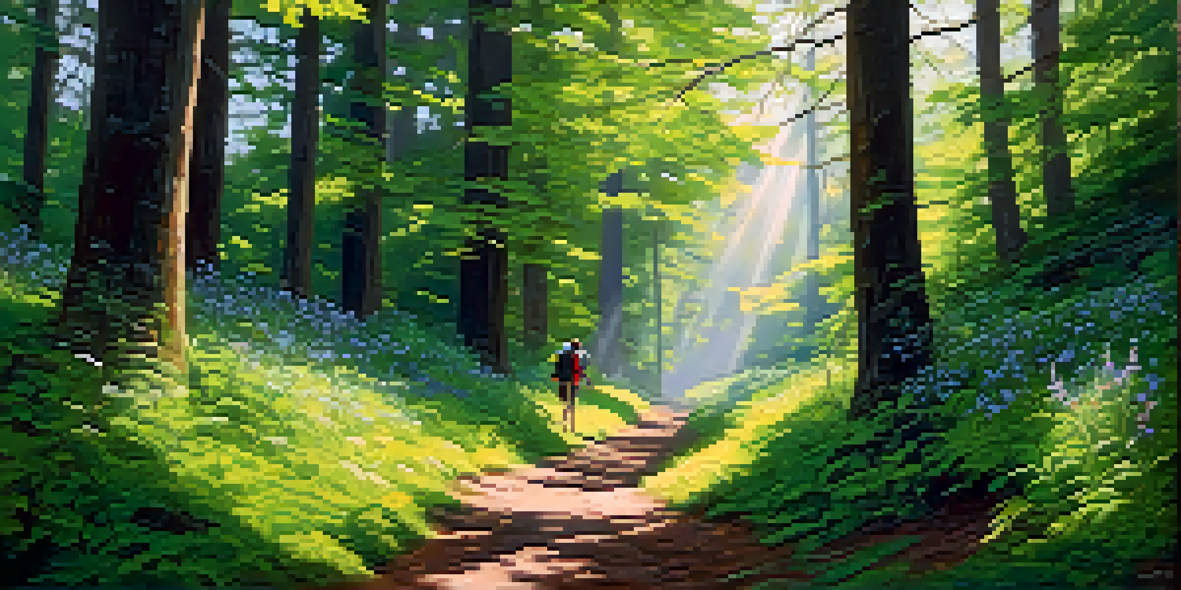 A peaceful hiking trail in a green forest with sunlight shining through the trees and a hiker in the distance.