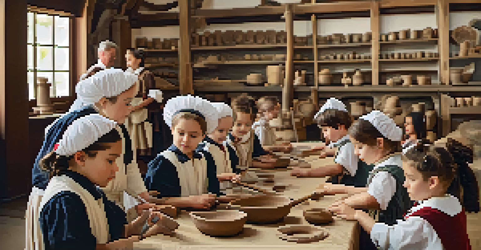 Children in historical costumes engage in crafts at a museum, with an adult guiding them amidst historical artifacts.
