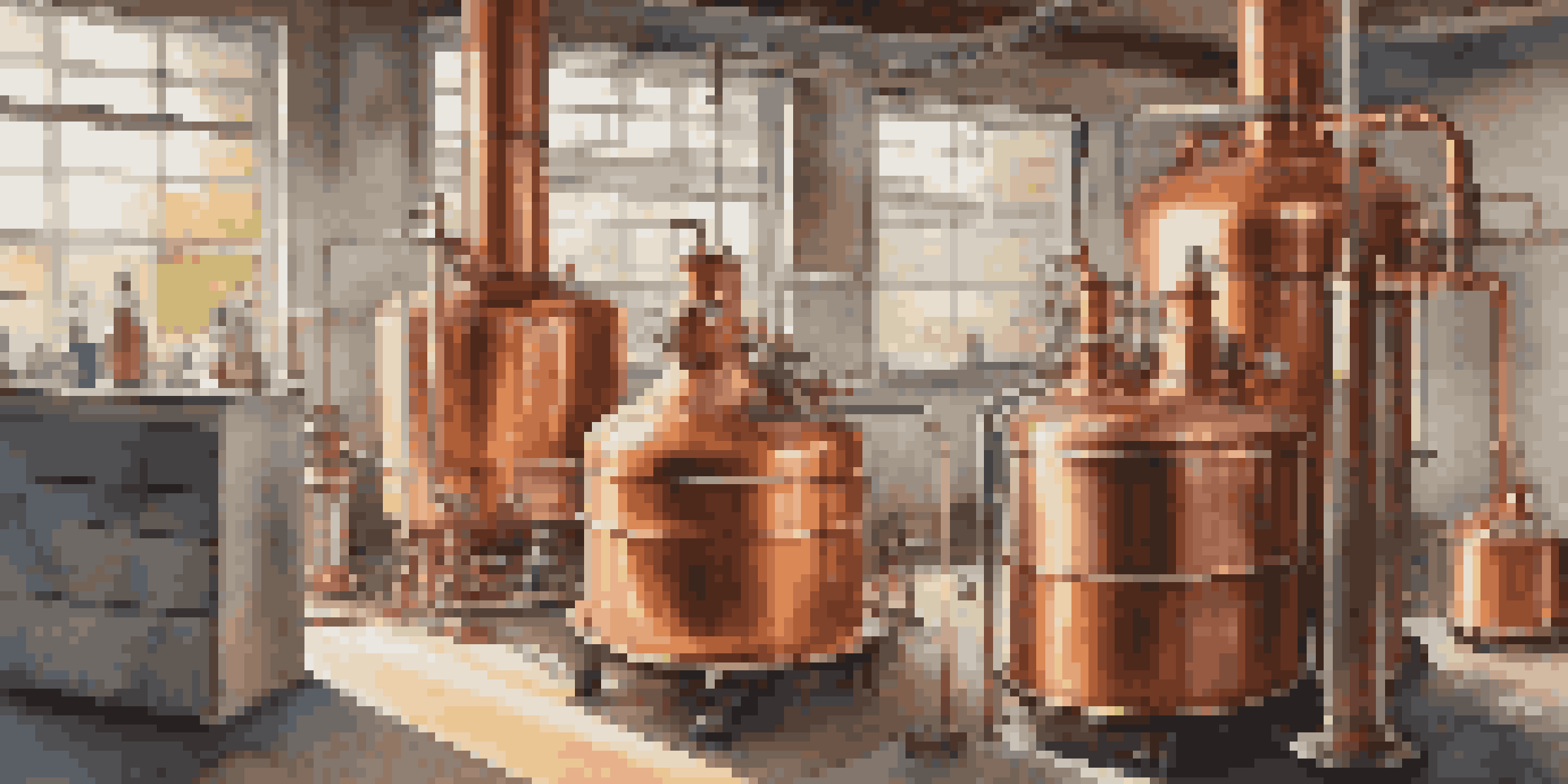 A well-organized distillation setup in a garage with a copper still, steam rising, and safety gear like goggles and gloves.
