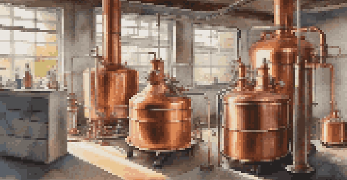 A well-organized distillation setup in a garage with a copper still, steam rising, and safety gear like goggles and gloves.