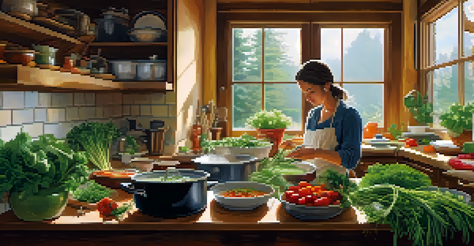 A person cooking a hearty soup with wild greens in a cozy kitchen.