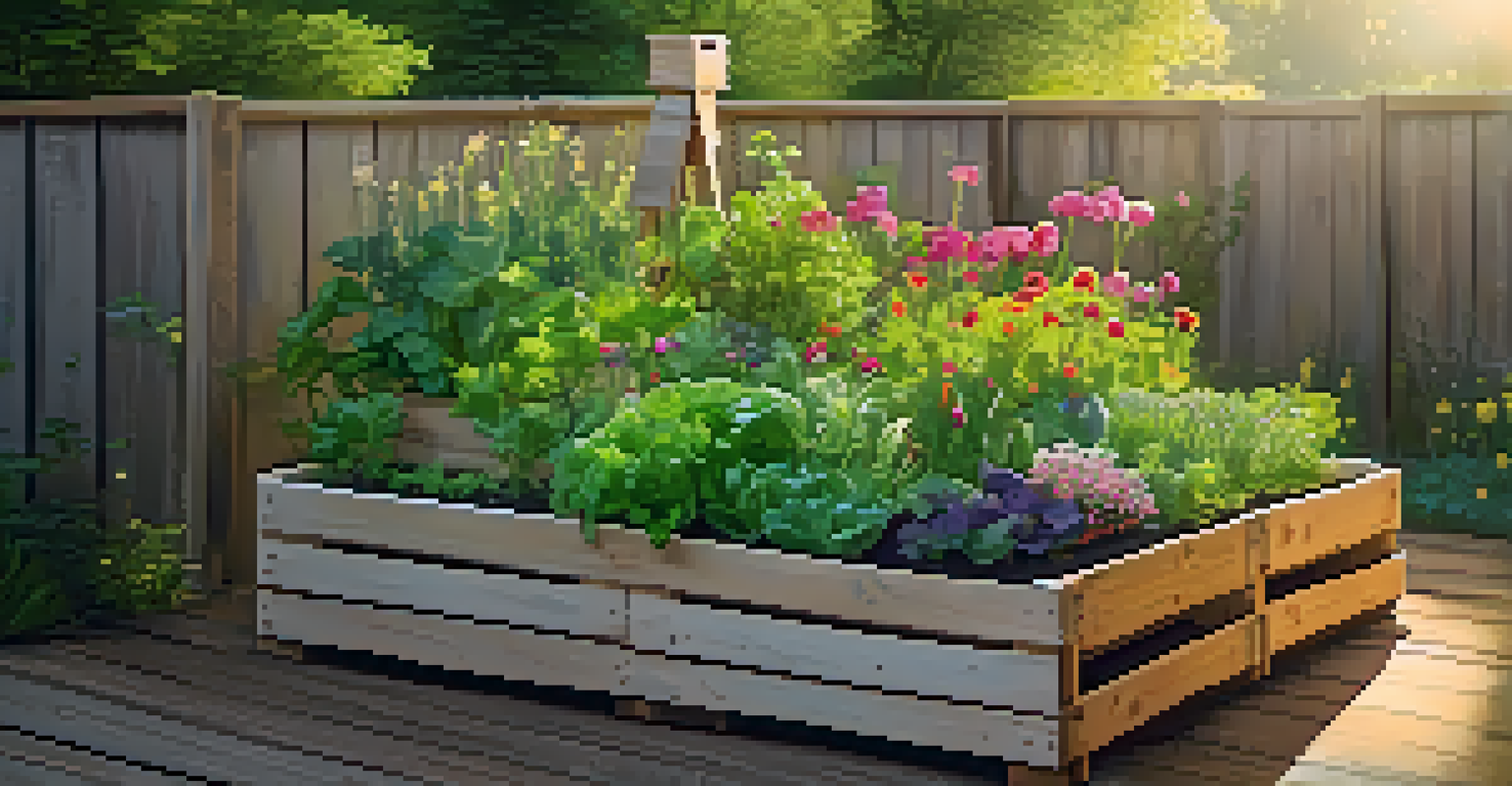 An outdoor garden with a raised bed made from reclaimed wood filled with herbs and vegetables, with a birdhouse and blooming flowers.