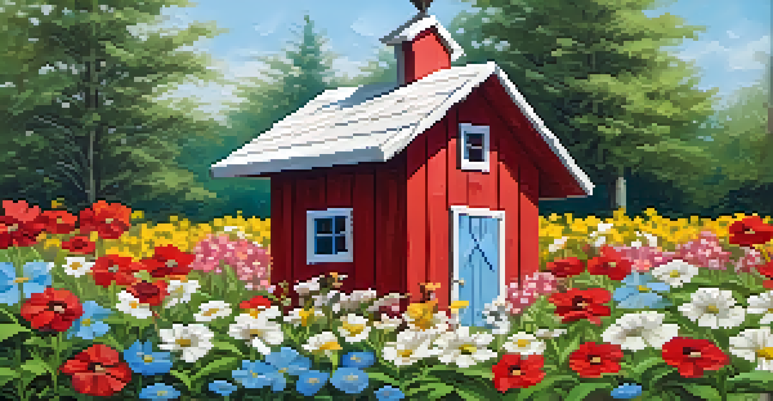 A rustic barn-style birdhouse with red paint in a colorful flower garden.
