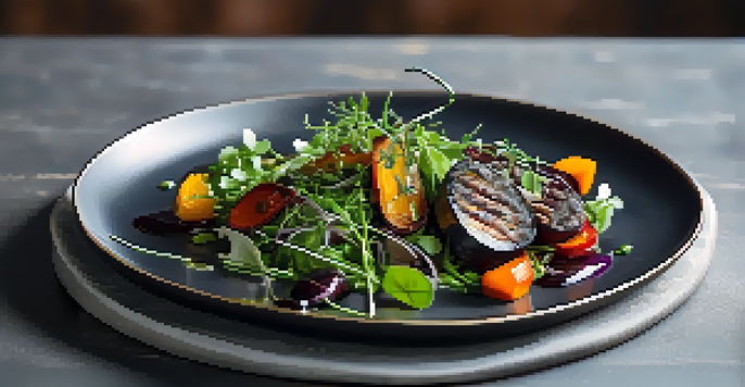 A colorful dish on a plate, highlighting green herbs, roasted vegetables, and a dark sauce, garnished with microgreens.