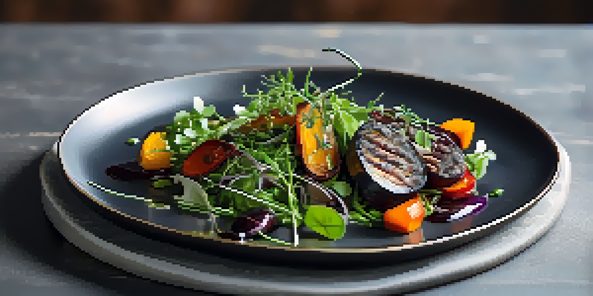 A colorful dish on a plate, highlighting green herbs, roasted vegetables, and a dark sauce, garnished with microgreens.