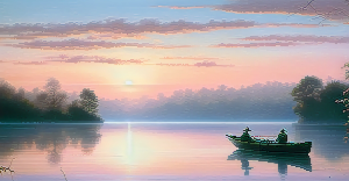 A calm lakeside at dawn with a fishing boat and a fisherman casting his line, surrounded by mist and soft pastel colors in the sky.