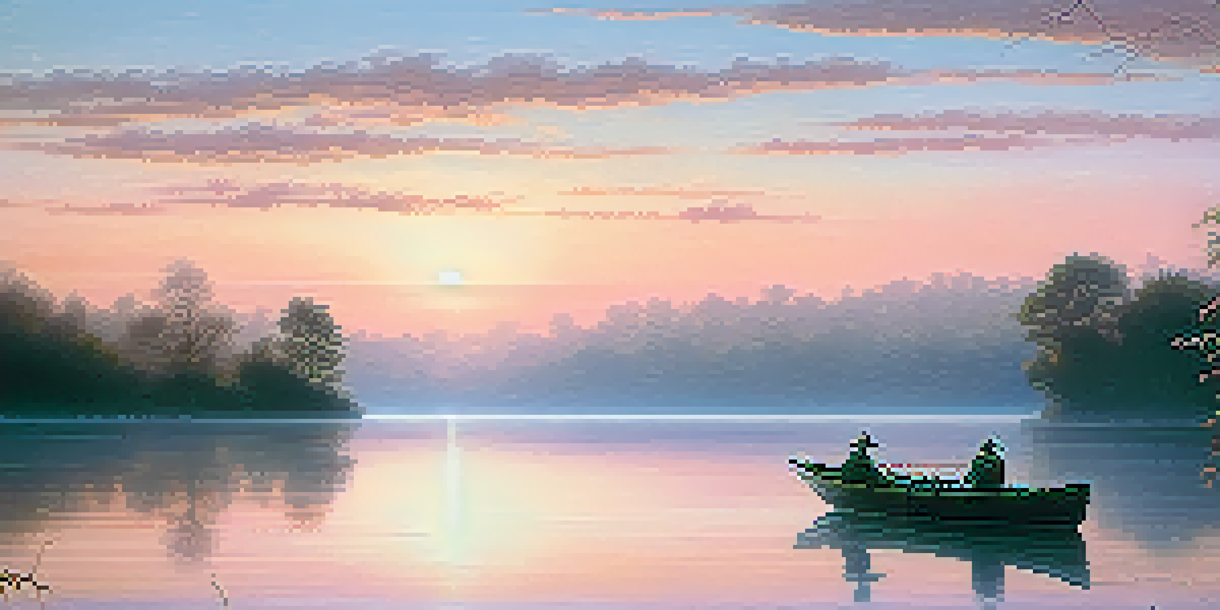 A calm lakeside at dawn with a fishing boat and a fisherman casting his line, surrounded by mist and soft pastel colors in the sky.