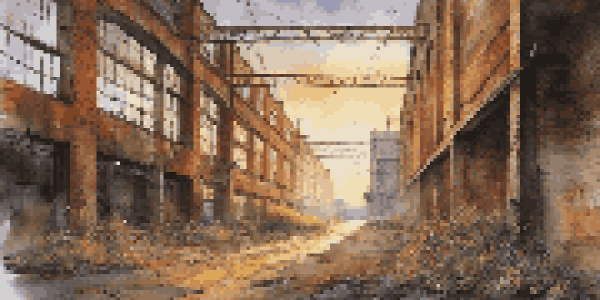 An abandoned factory with crumbling brick walls, vibrant graffiti, and sunlight filtering through broken windows, highlighting dust particles.