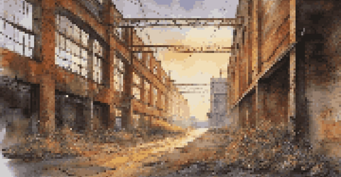 An abandoned factory with crumbling brick walls, vibrant graffiti, and sunlight filtering through broken windows, highlighting dust particles.