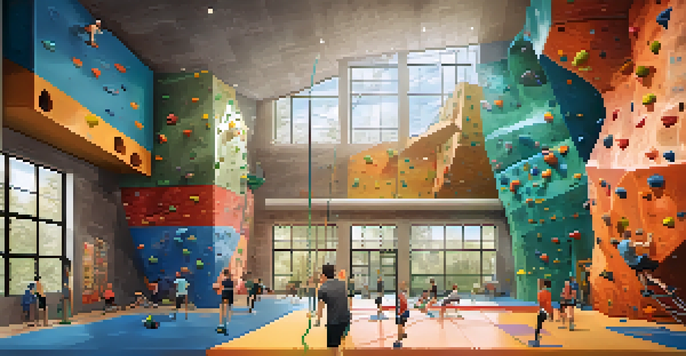 A busy indoor climbing gym with climbers on colorful walls, showcasing various climbing routes and a supportive environment.