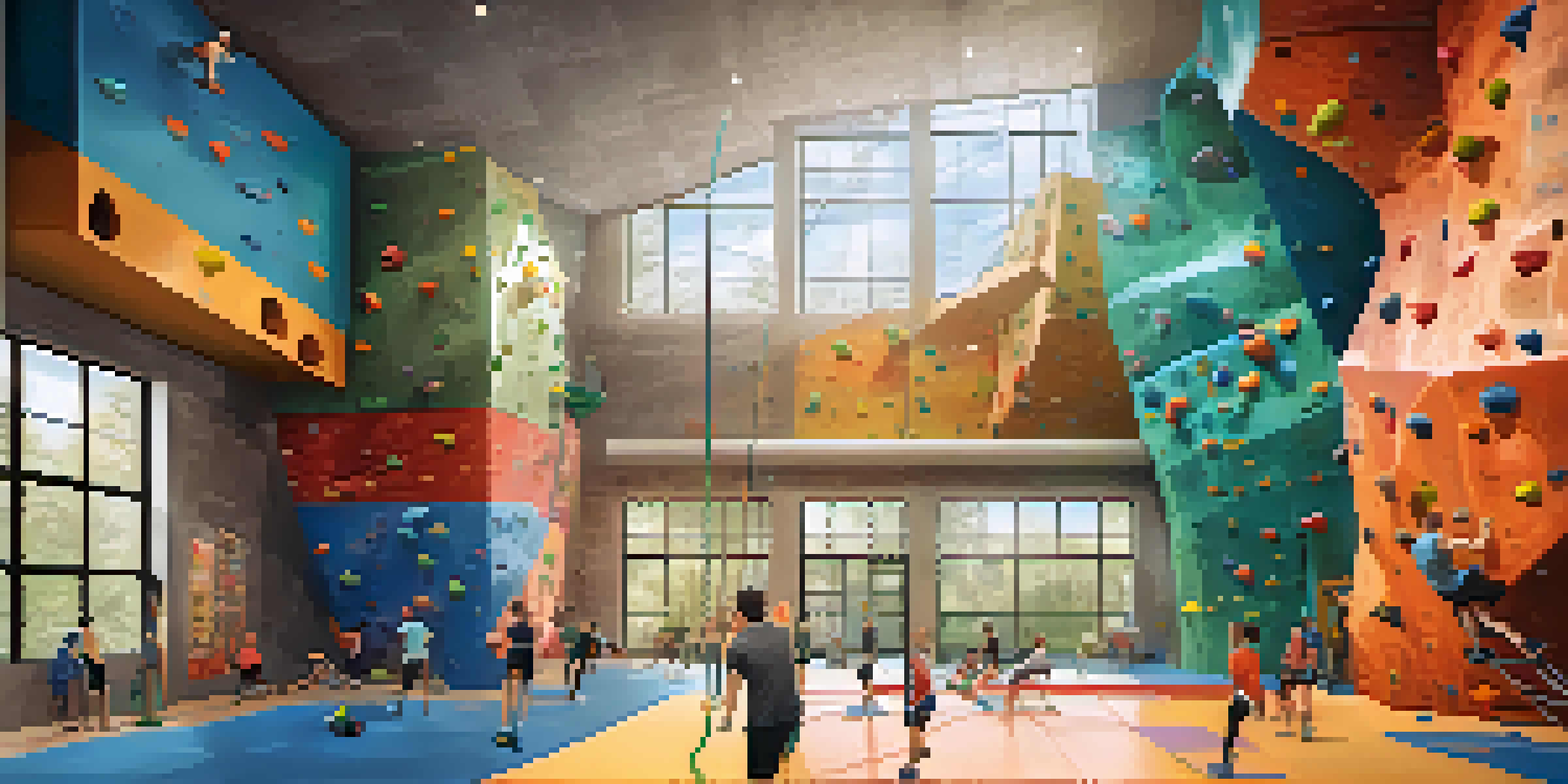 A busy indoor climbing gym with climbers on colorful walls, showcasing various climbing routes and a supportive environment.