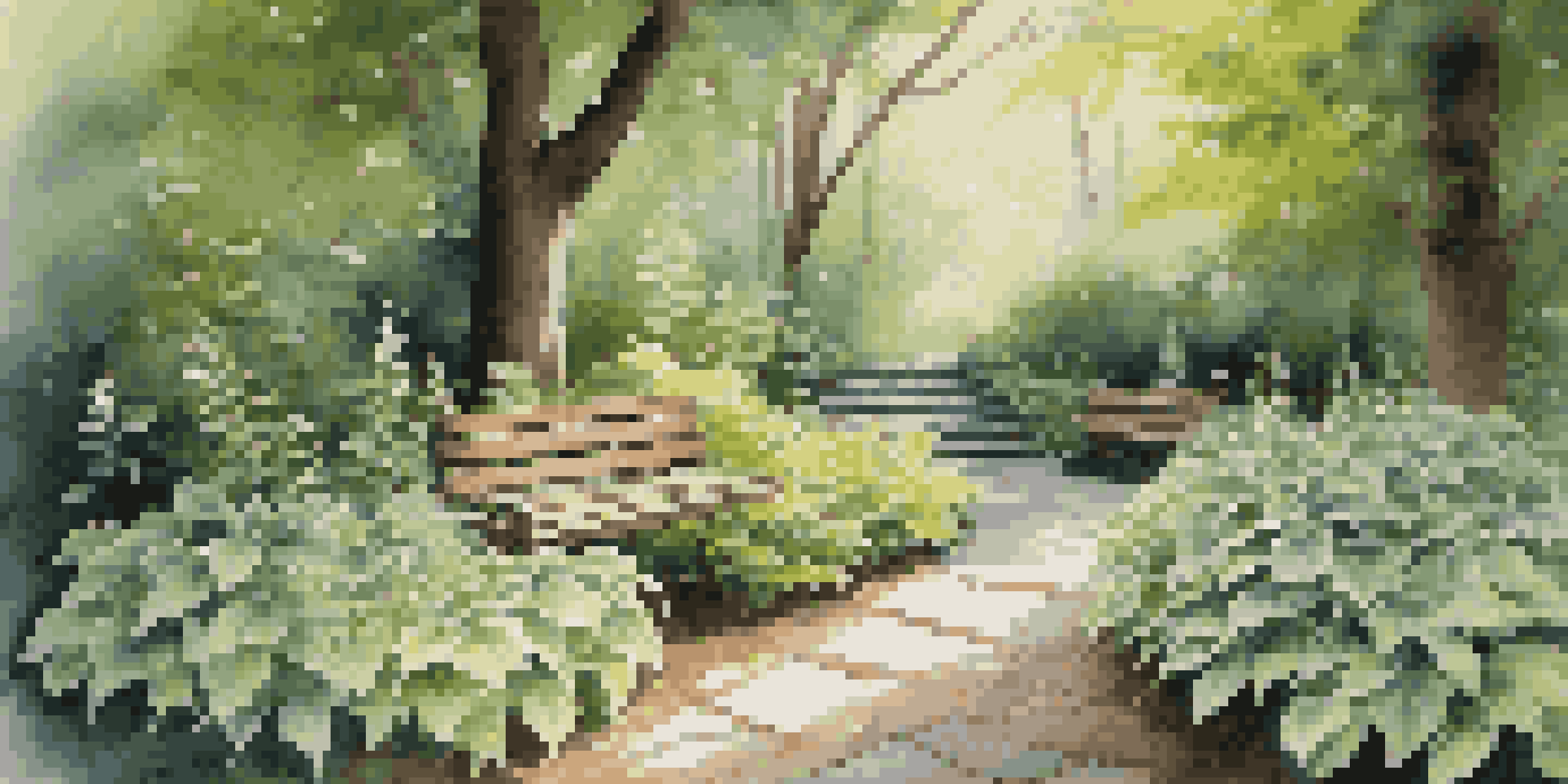 A peaceful shaded garden showcasing various plants like hostas and ferns, with a stone path and wooden bench.