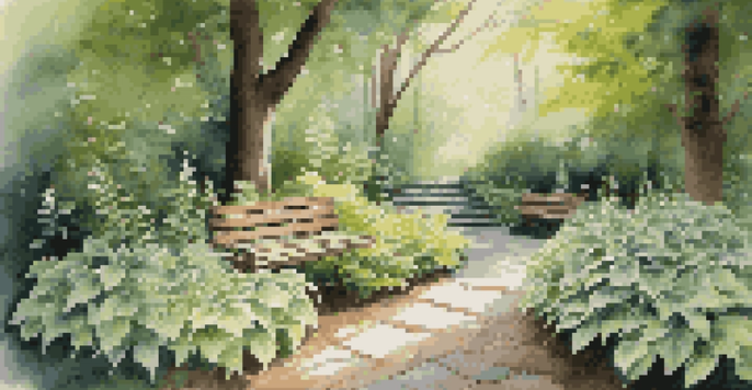 A peaceful shaded garden showcasing various plants like hostas and ferns, with a stone path and wooden bench.
