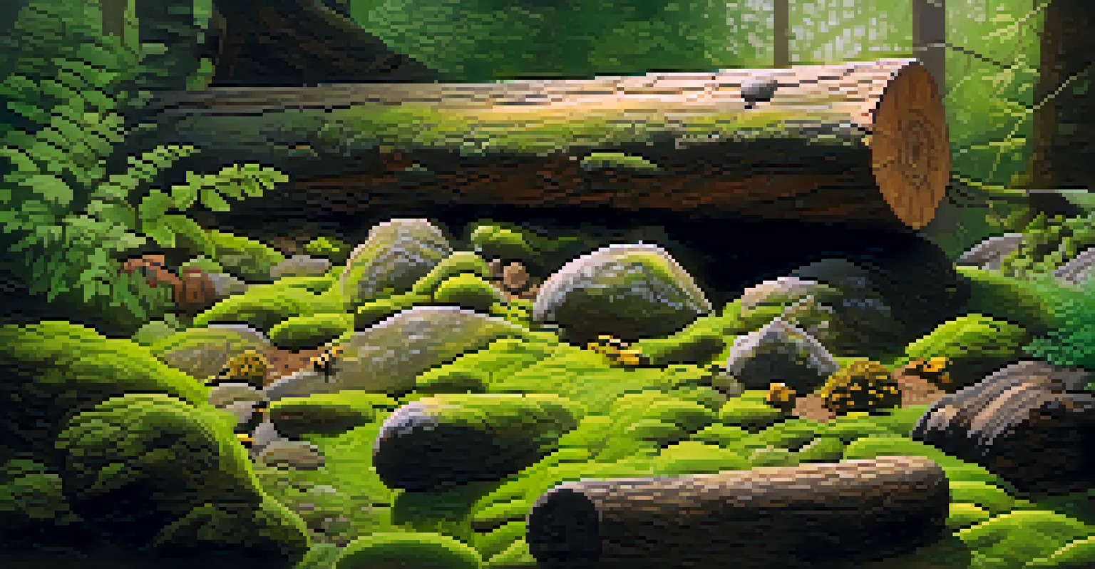 A close-up of a microhabitat in a shade garden, showcasing logs, rocks, and moss with insects.