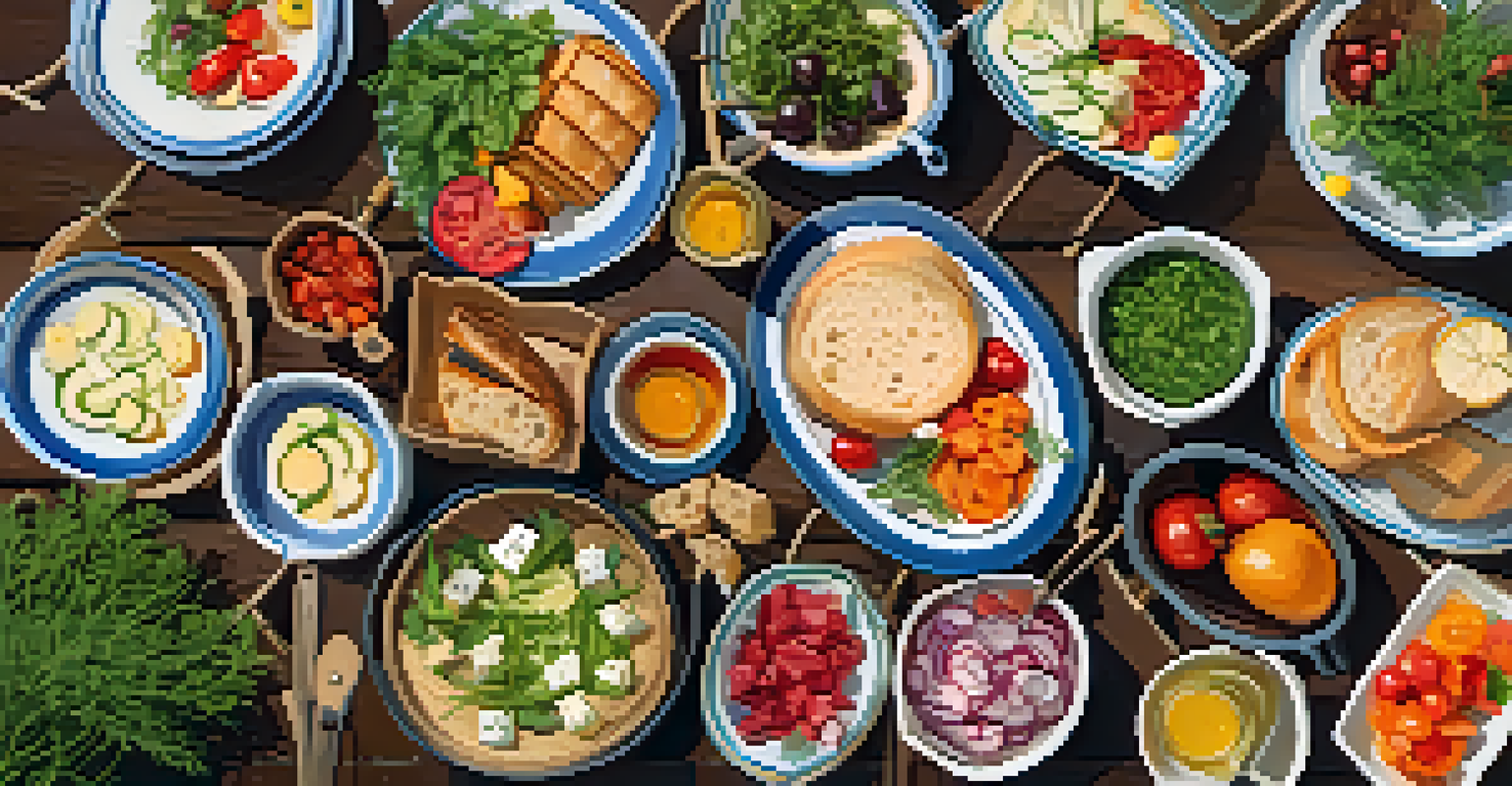 An overhead view of a picnic table with pickled vegetables, salad, and bread surrounded by flowers and sunlight.