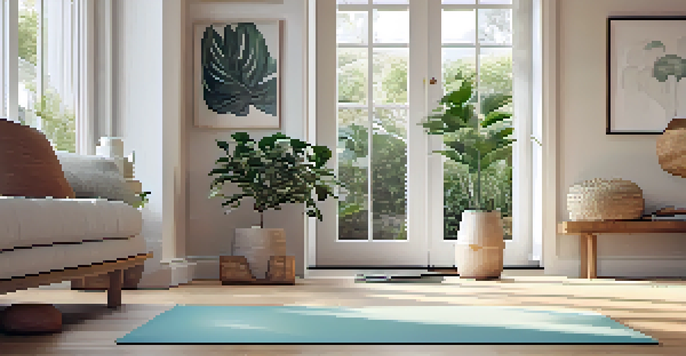 A spacious home workout area with a yoga mat on the floor, bright natural light coming through a window, and indoor plants in the corners.