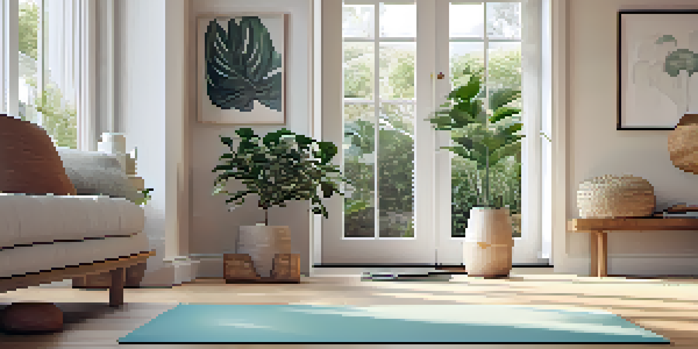 A spacious home workout area with a yoga mat on the floor, bright natural light coming through a window, and indoor plants in the corners.