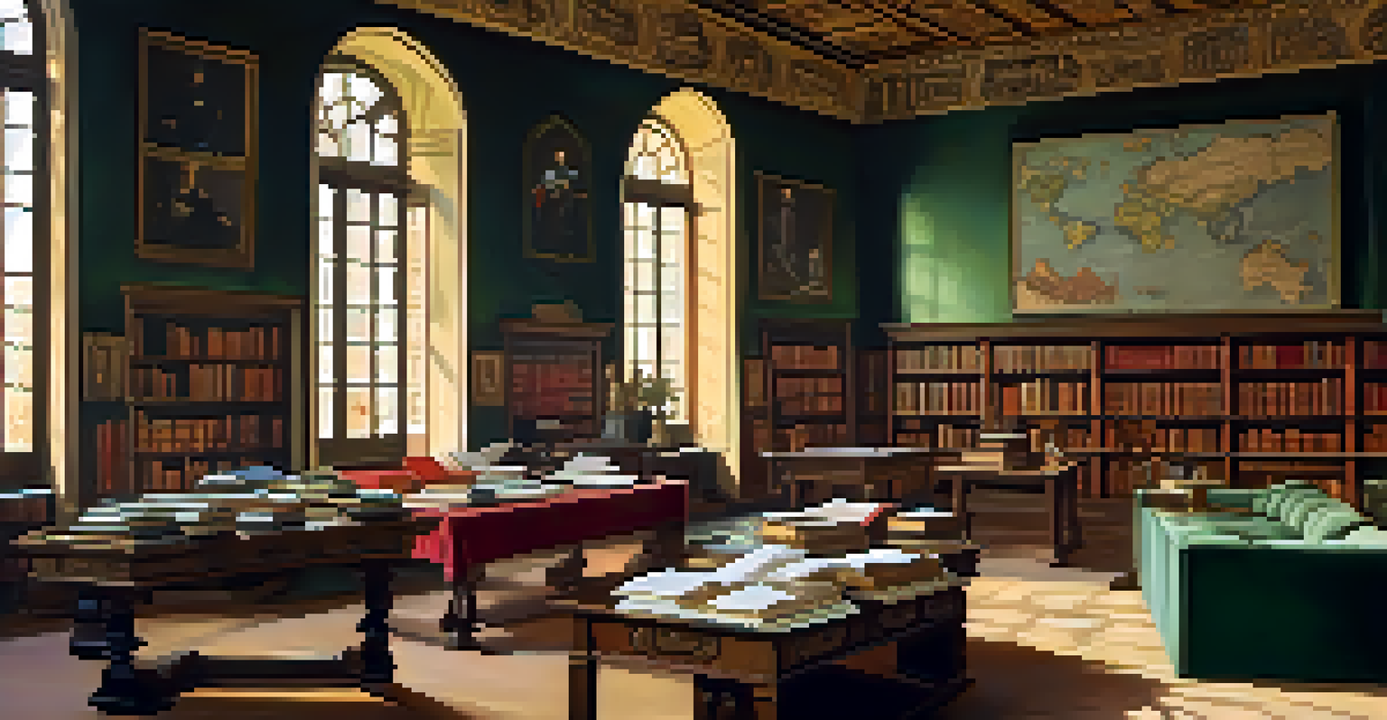 Historians in a Renaissance workshop discussing political governance surrounded by books and maps.