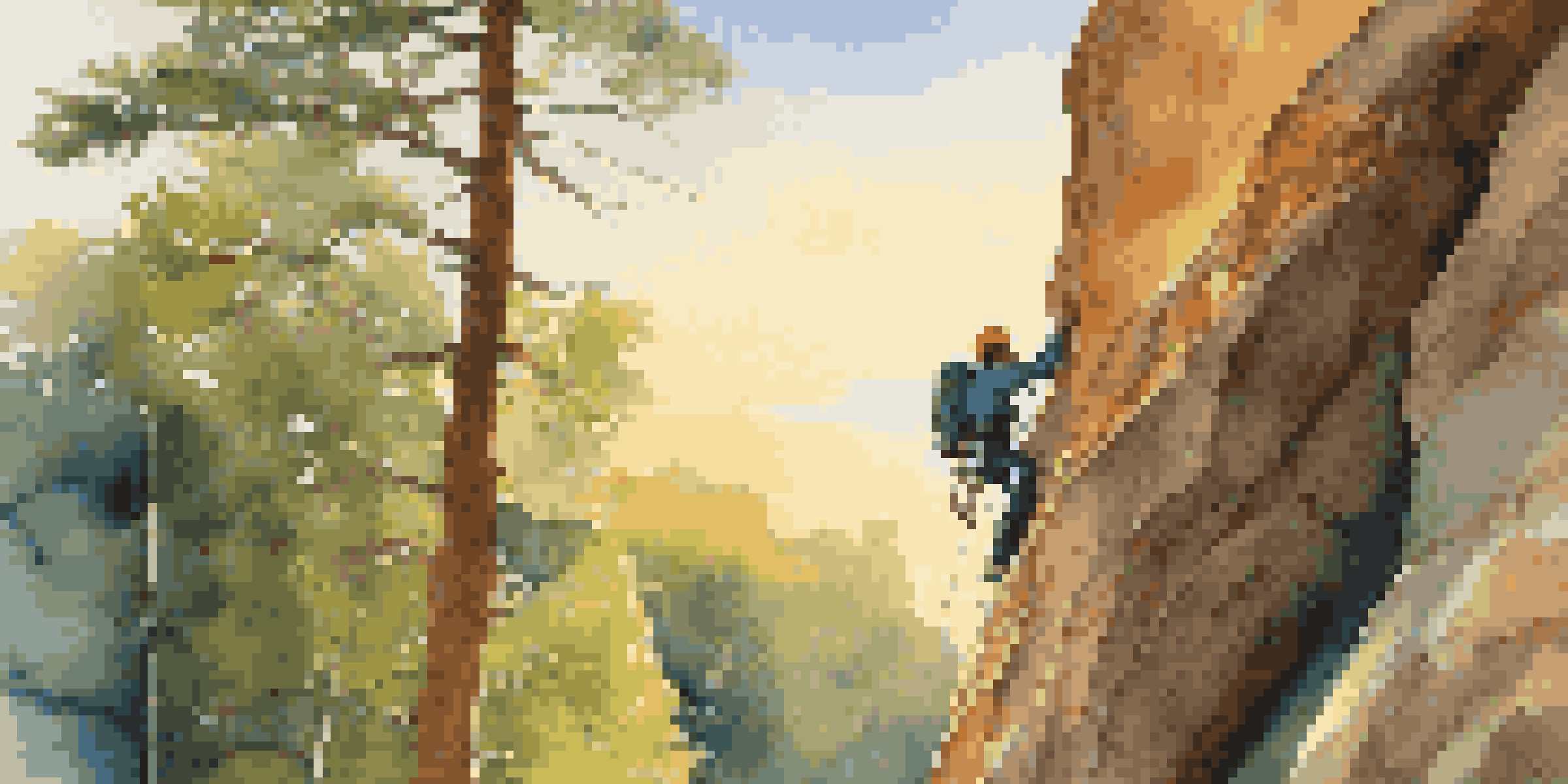 A beginner climber ascending a rock face during sunset, surrounded by trees and a clear sky.