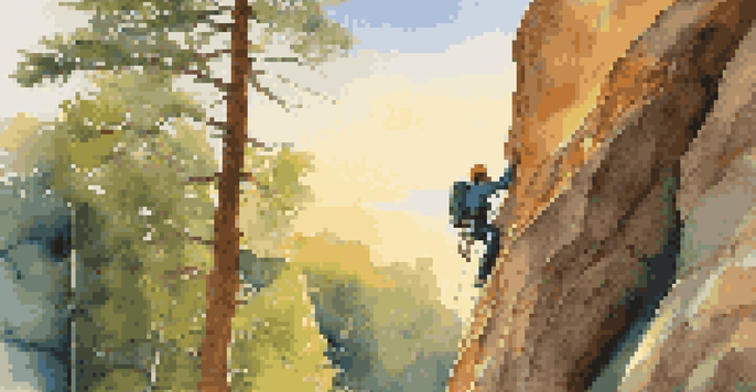 A beginner climber ascending a rock face during sunset, surrounded by trees and a clear sky.