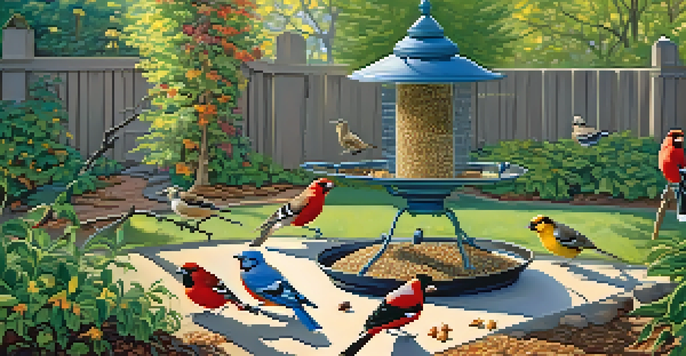 A colorful backyard with bird feeders filled with seeds, nuts, and fruits, surrounded by various birds like finches, jays, and orioles in sunlight.