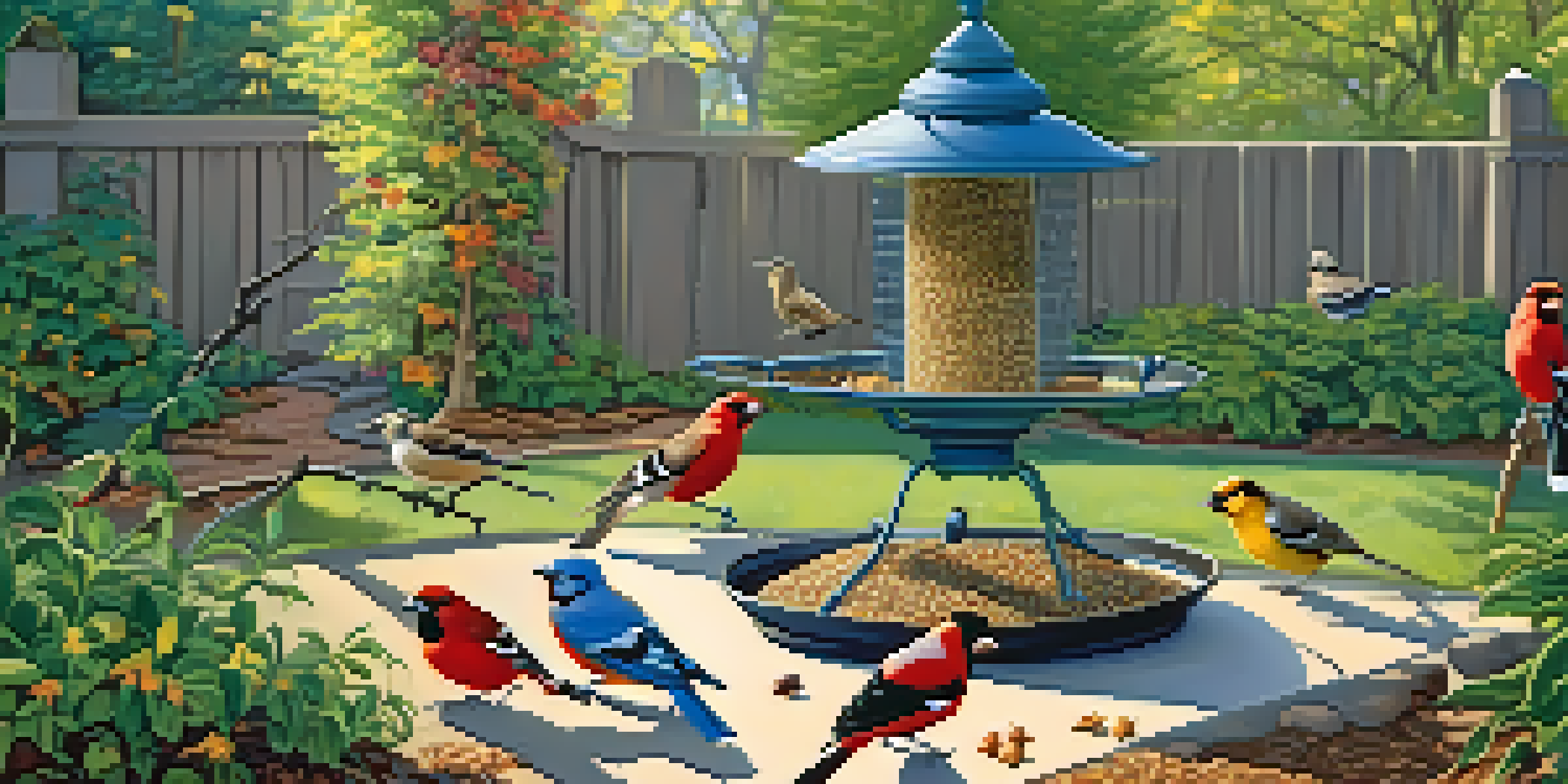 A colorful backyard with bird feeders filled with seeds, nuts, and fruits, surrounded by various birds like finches, jays, and orioles in sunlight.