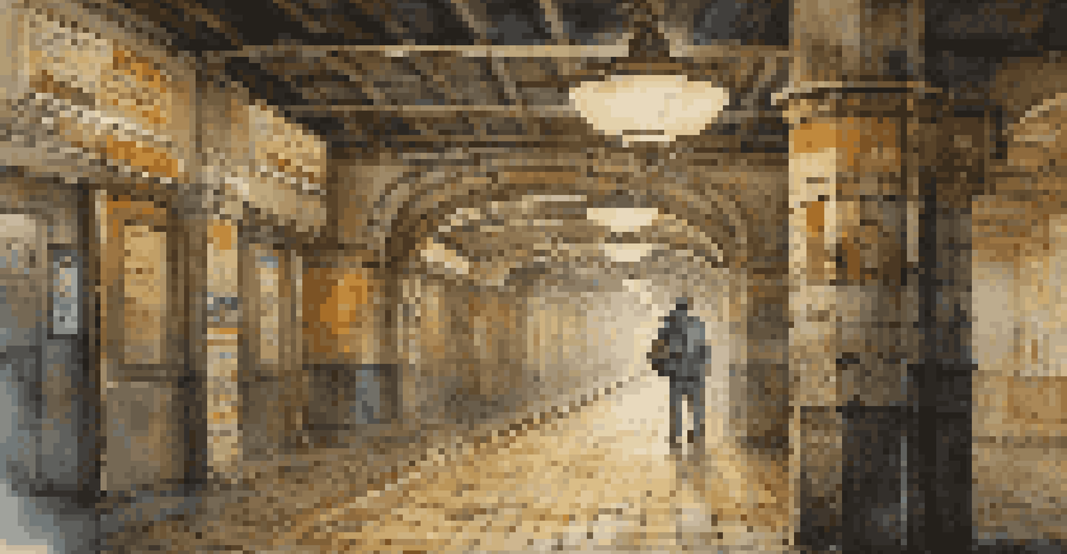 An old subway station with fading tiles and vintage advertisements, illuminated by warm lighting, with an explorer taking a photo.