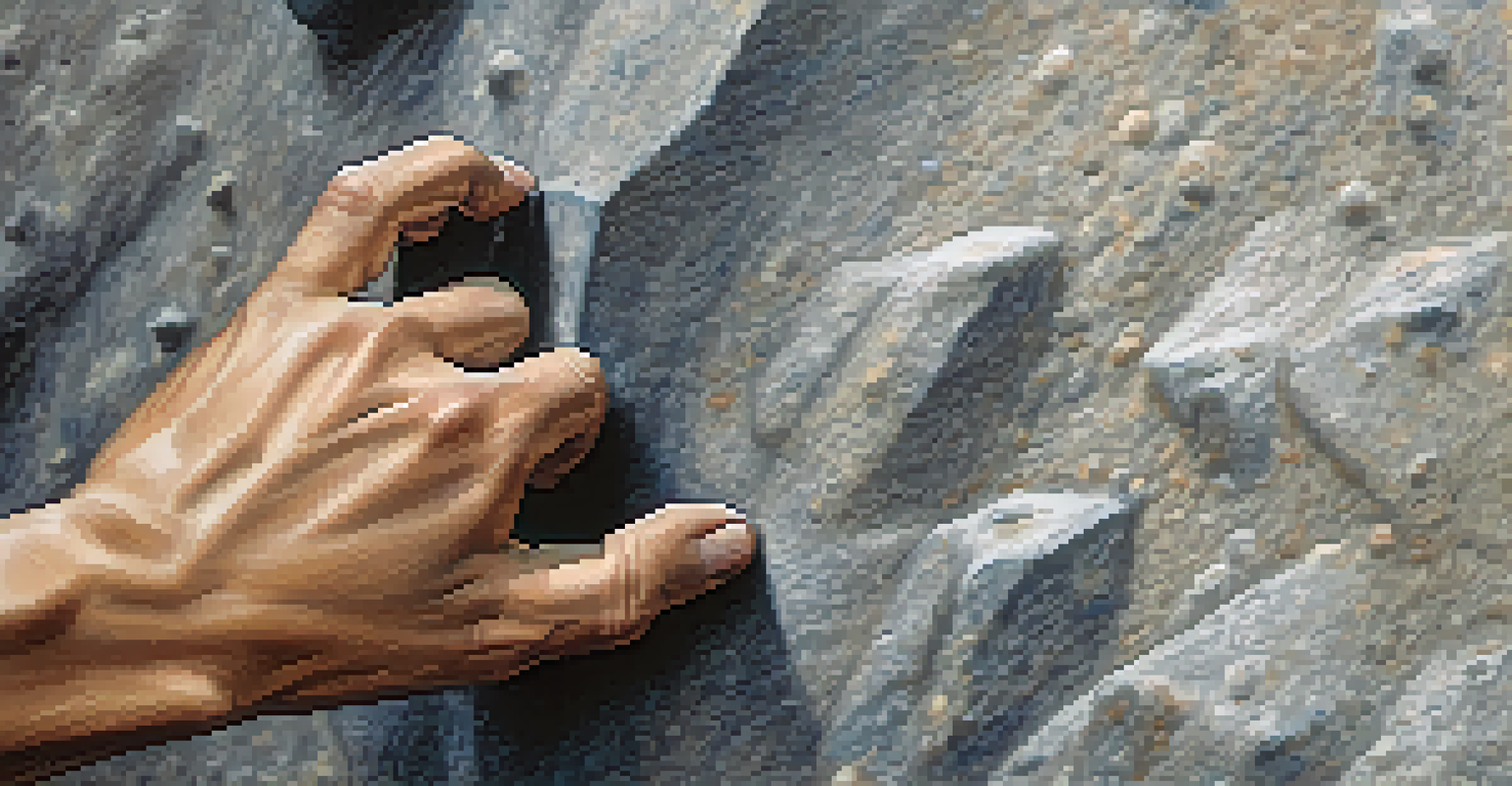 A climber's hand gripping a climbing hold, with chalk dust in the air and blurred climbers in the background.