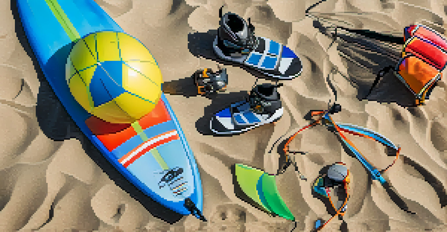 A close-up of kitesurfing gear including a kite, surfboard, and safety equipment on the beach with ocean waves in the background.