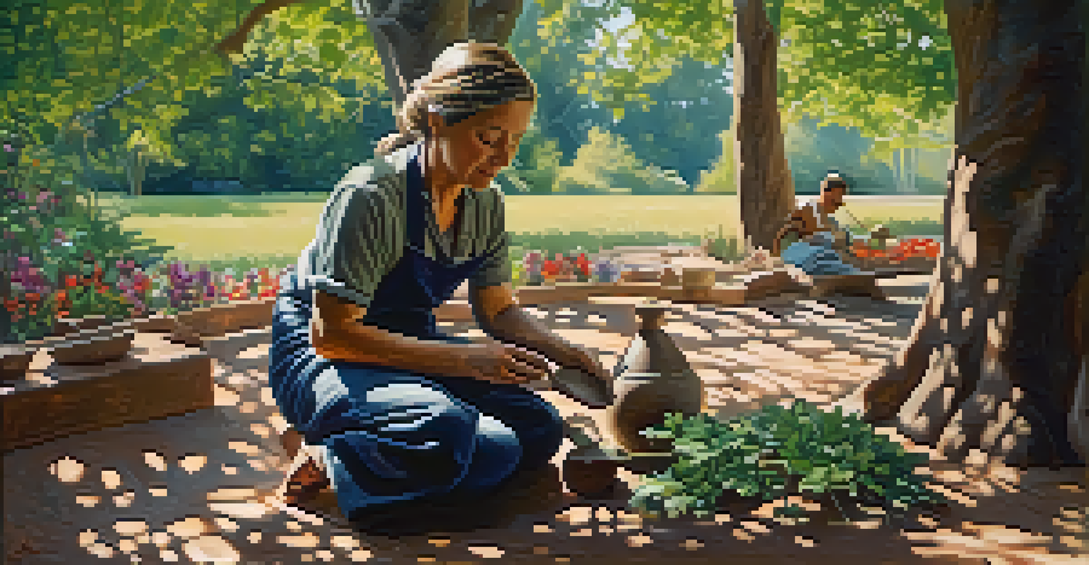 A sculptor working on a small clay figure under a tree, with sunlight filtering through leaves and a vibrant garden in the background.