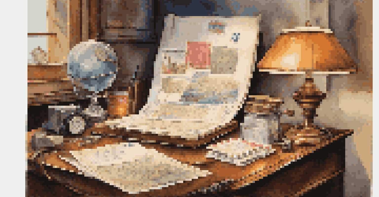 A cozy desk scene with air mail letters, stamps, an inkwell, and a quill pen, warmly lit with a vintage map in the background.