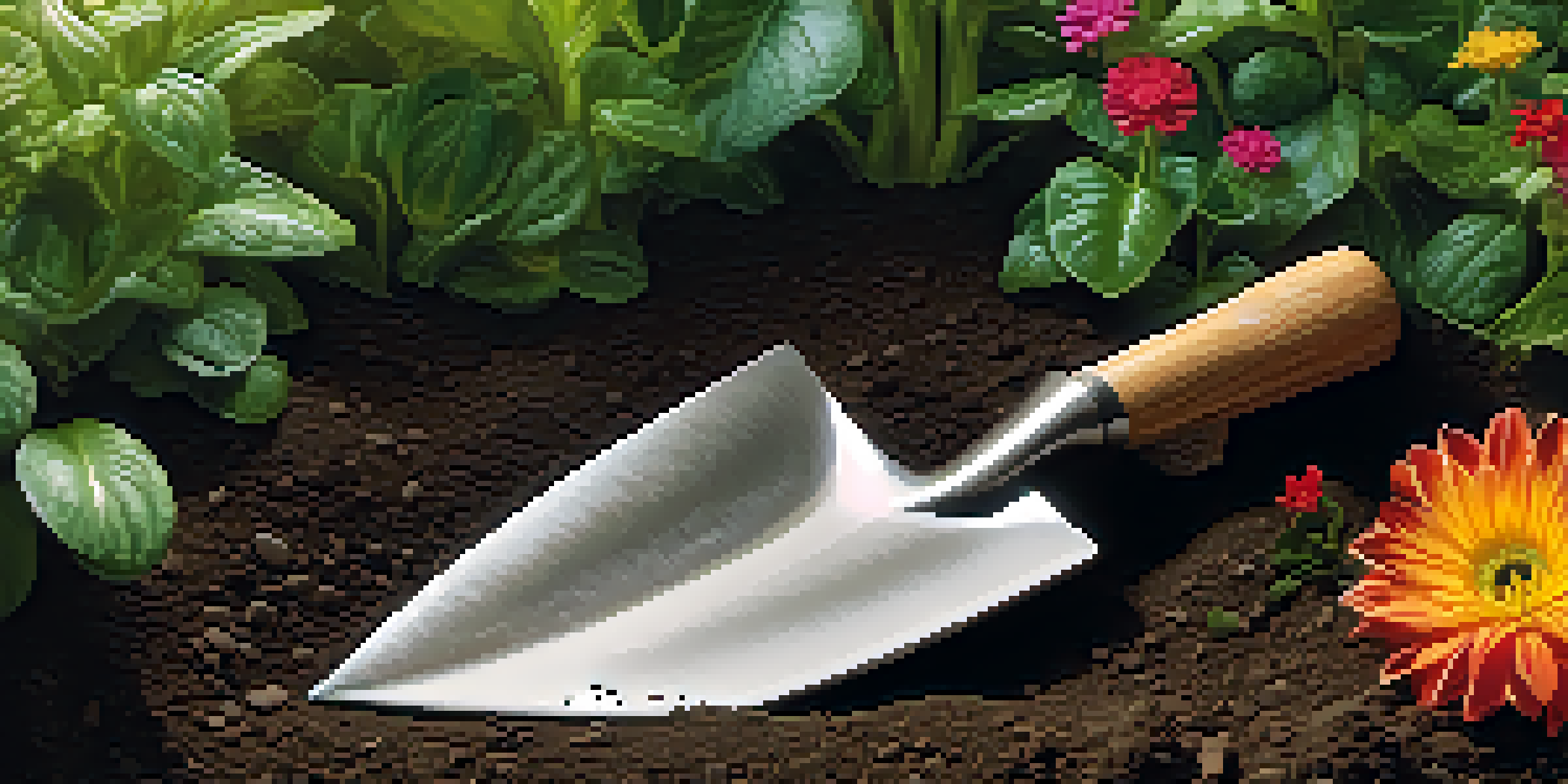 A close-up of a shiny trowel on rich brown soil, surrounded by green plants and colorful flowers illuminated by golden sunlight.