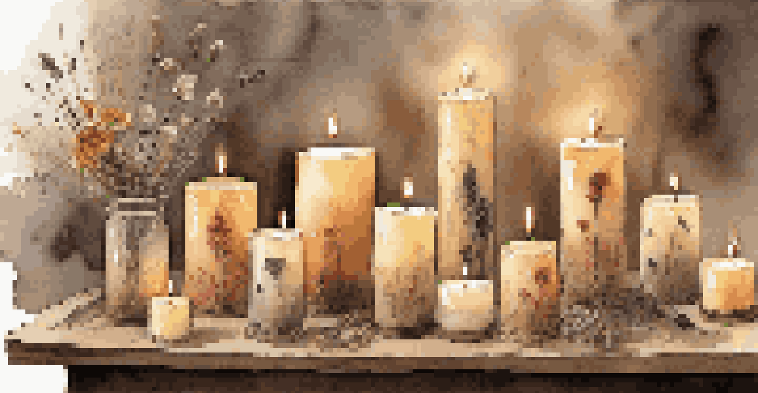 A display of various finished homemade candles, decorated with twine and dried flowers on a rustic table, glowing warmly.