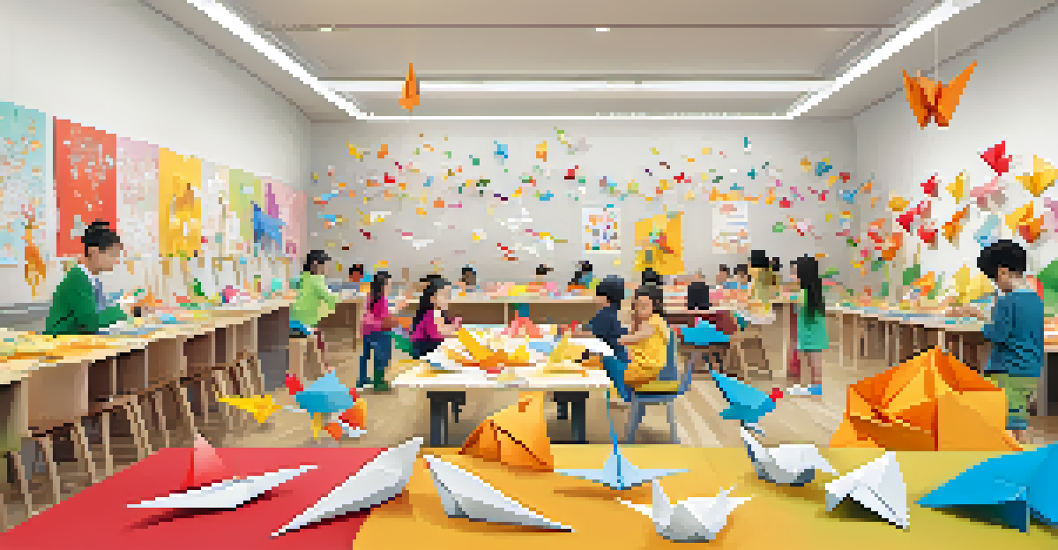 Children participating in an origami workshop surrounded by colorful paper and origami models in a bright classroom.